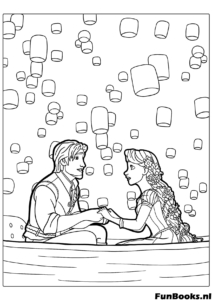 Princess Rapunzel and Flynn Rider sitting in a boat watching the floating lanterns during the romantic light festival scene coloring page