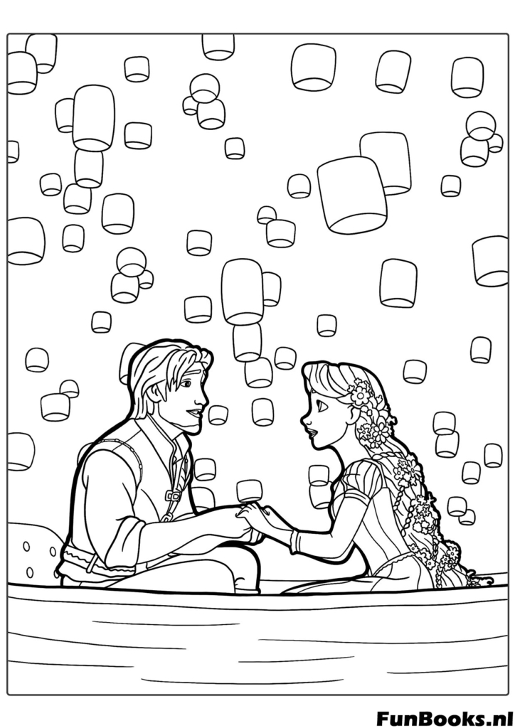 Princess Rapunzel and Flynn Rider sitting in a boat watching the floating lanterns during the romantic light festival scene coloring page