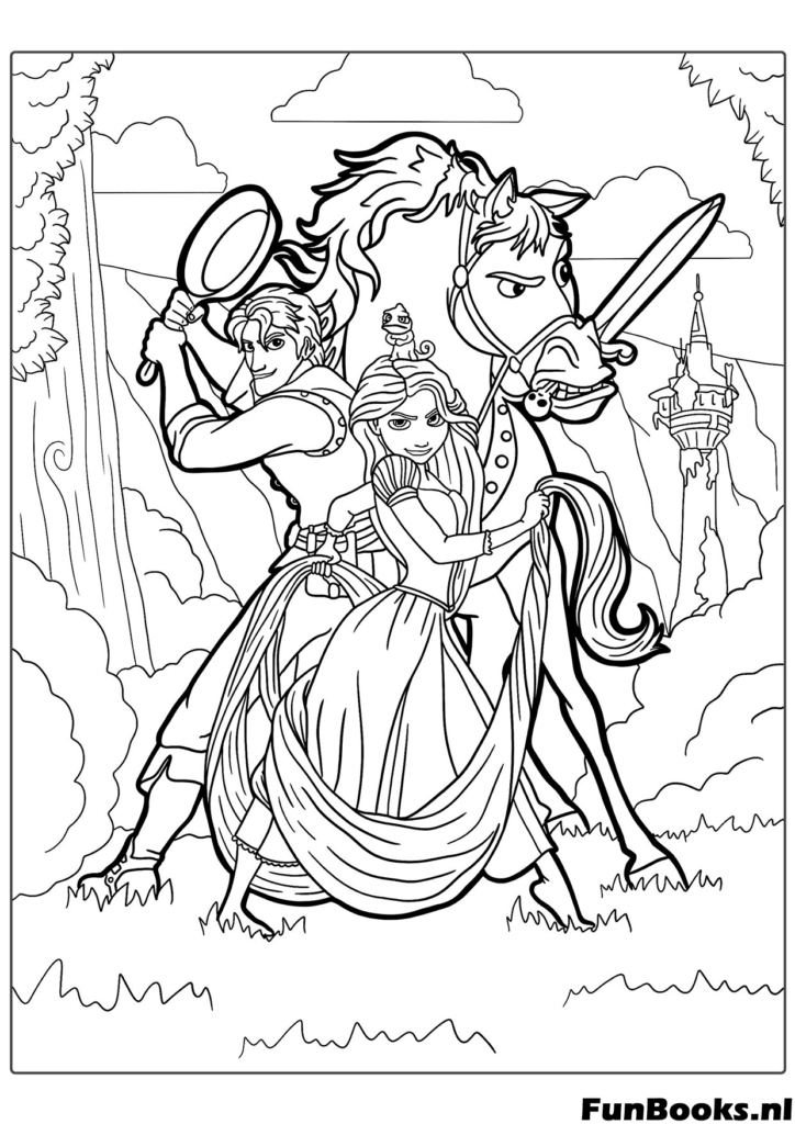 Disney's Rapunzel standing with Flynn Rider Maximus the royal horse and Pascal the chameleon in a happy group pose coloring page