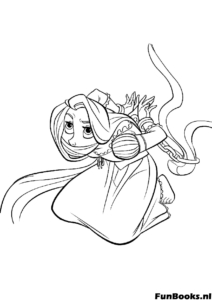 Rapunzel gateando por el suelo investigando con su largo cabello arrastrándose detrás de ella dibujo para colorear de suspenso