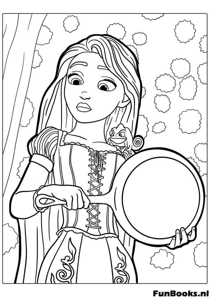 Rapunzel sieht wild und tapfer aus und hält ihre charakteristische Waffe eine Bratpfanne bereit sich zu verteidigen Ausmalbild
