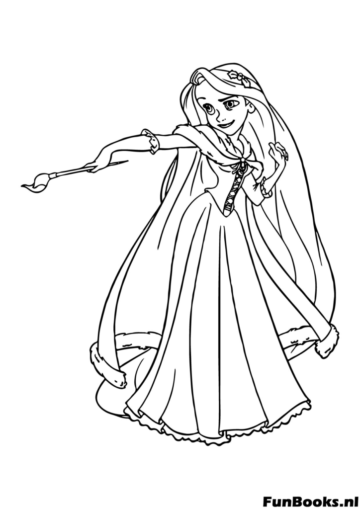 Rapunzel hält eine leuchtende Papierlaterne mit dem Sonnensymbol bereit sie in den Nachthimmel steigen zu lassen Ausmalbild