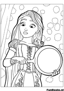 Rapunzel looking fierce and brave holding her signature weapon a frying pan ready to defend herself coloring page