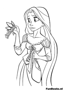 Rapunzel gently holding her best friend Pascal the chameleon in the palm of her hand friendship coloring page