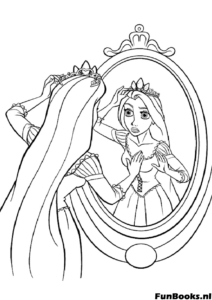 Rapunzel kijkt naar haar spiegelbeeld in een grote ovale spiegel en houdt haar lange gevlochten haar vast ijdelheid kleurplaat