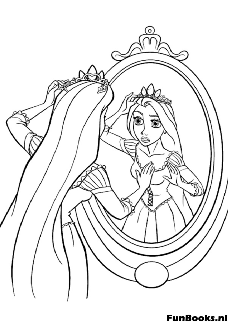 Rapunzel kijkt naar haar spiegelbeeld in een grote ovale spiegel en houdt haar lange gevlochten haar vast ijdelheid kleurplaat
