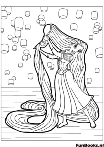 Rapunzel wikkelt zichzelf in haar eigen lange gouden haar en knuffelt het stevig knusse en schattige kleurplaat