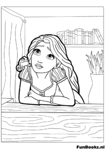 Rapunzel leaning on the high tower window sill looking outside and dreaming of seeing the floating lanterns coloring page