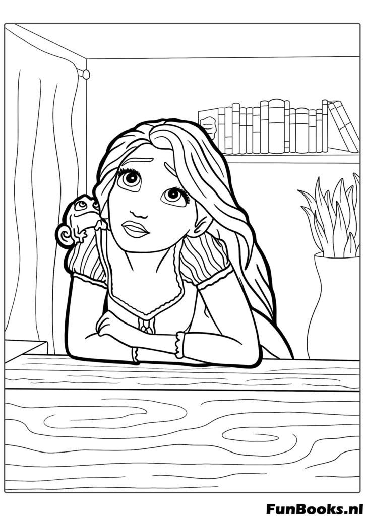 Rapunzel leaning on the high tower window sill looking outside and dreaming of seeing the floating lanterns coloring page