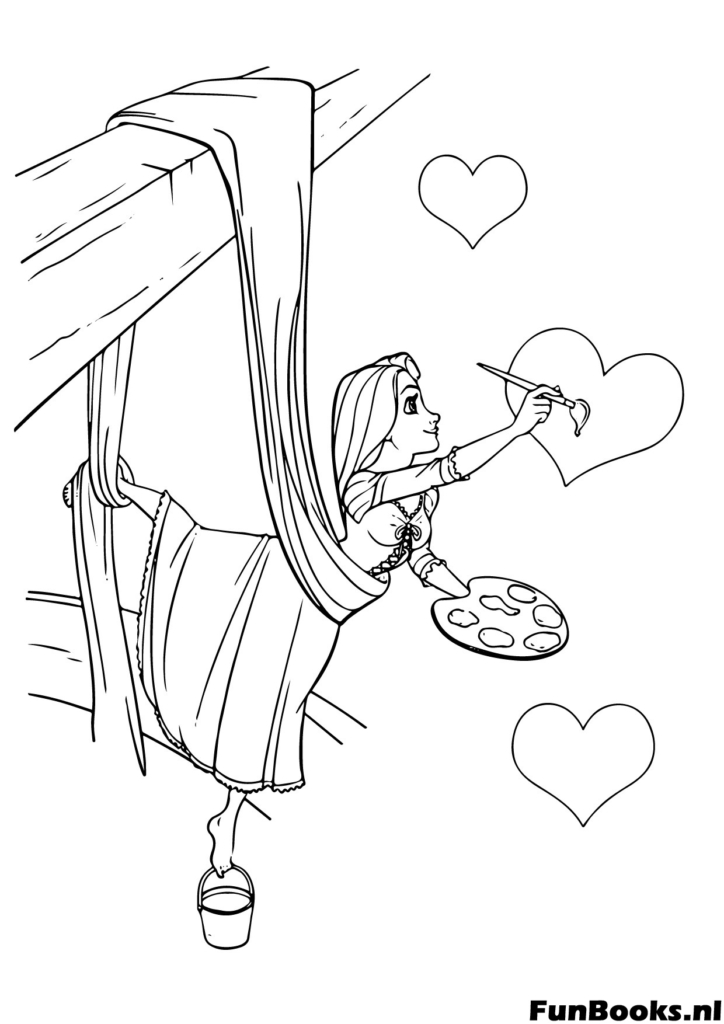 Rapunzel hanging upside down from her hair painting a colorful mural on the tower wall artist coloring page