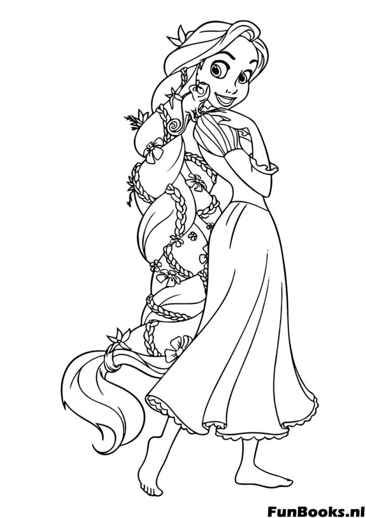 Rapunzel con su grueso cabello trenzado y decorado con muchas hermosas flores pose de pie dibujo para colorear