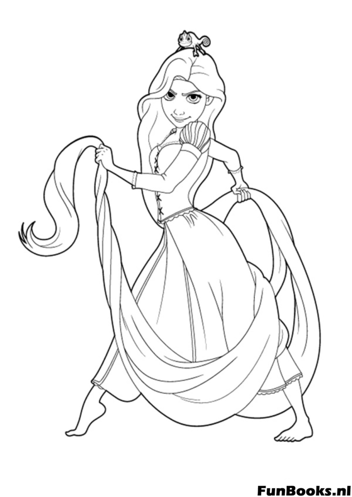 Rapunzel en una pose de acción dinámica sosteniendo su cabello como un lazo lista para la aventura dibujo para colorear