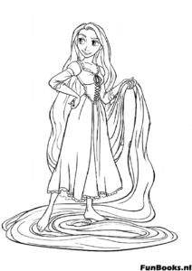 Rapunzel standing upright with her long magical hair swirling around her feet in a circle coloring page