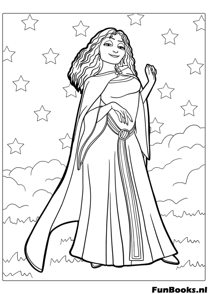 Beautiful Princess Rapunzel standing gracefully in her dress with a magical star background detailed coloring page