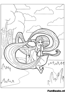 Rapunzel swinging joyfully from a large tree branch using her long strong hair as a rope fun coloring page
