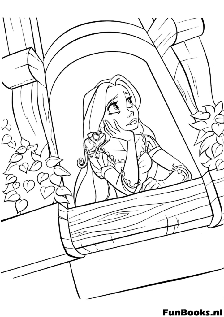 Rapunzel staart uit het hoge torenraam en vraagt zich af wanneer haar leven zal beginnen dromerige kleurplaat