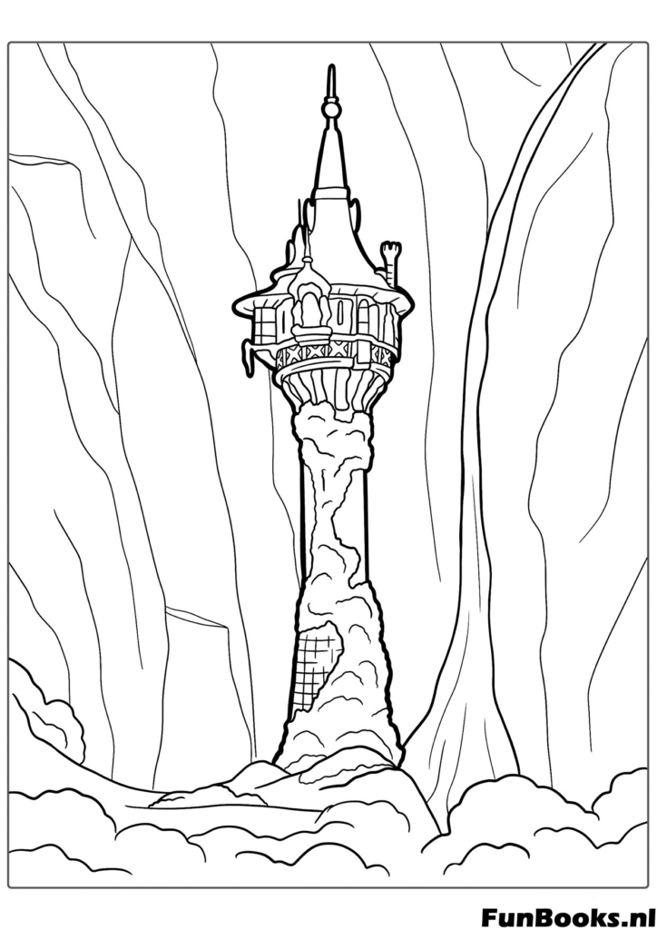The tall hidden stone tower in the middle of the forest where Rapunzel lives isolated landscape coloring page