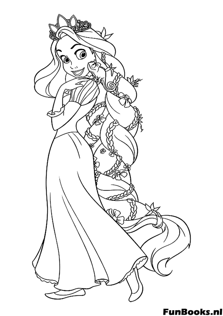 Rapunzel mirando hacia atrás sobre su hombro mostrando una larga y gruesa trenza llena de flores de primavera dibujo para colorear