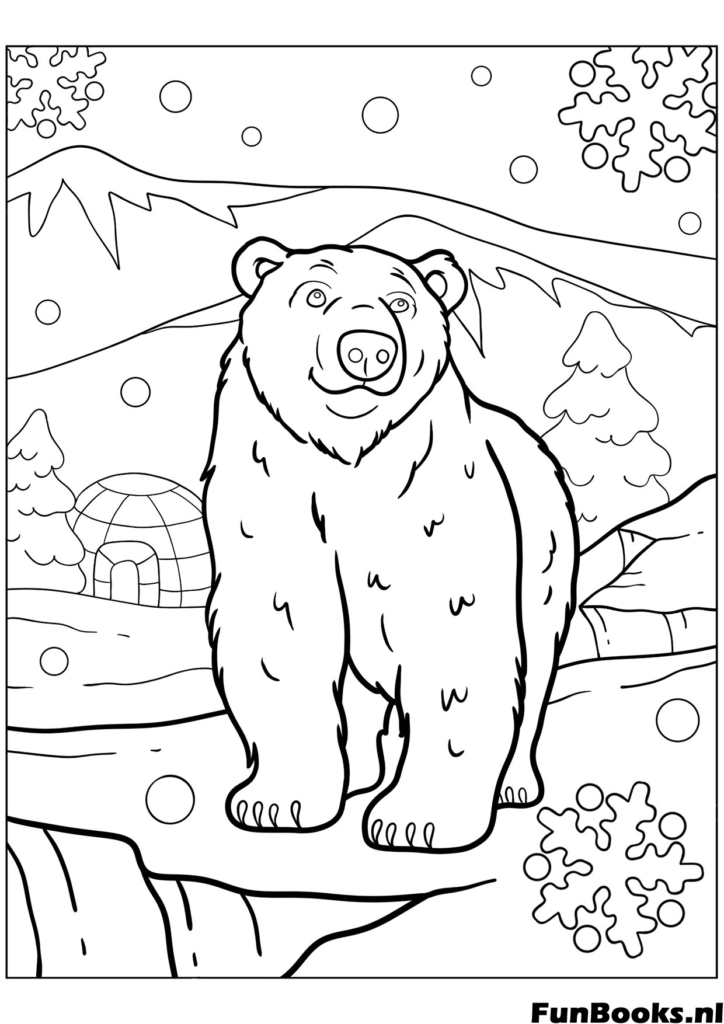 Realistic polar bear sitting on an ice floe wild animal winter nature coloring page