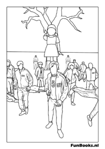 The giant doll standing by the tree with a group of players in the background starting the first game Squid Game coloring pages