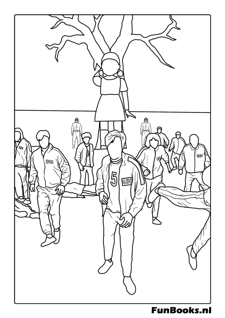 The giant doll standing by the tree with a group of players in the background starting the first game Squid Game coloring pages