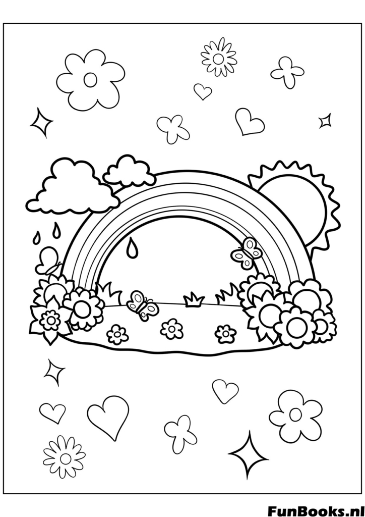 Glücklicher Regenbogen mit Wolken scheint über ein Feld von Frühlingsblumen Ausmalbild