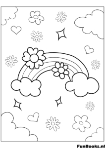 Eenvoudige tekening van een regenboog wolken en bloemen lente weer kleurplaat