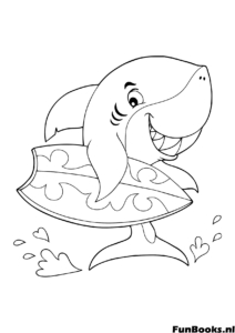 Requin amical tenant une planche de surf prêt à surfer animal mignon coloriage