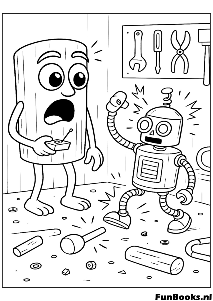 Erschrockener Tung Tung Sahur Bambus-Charakter schaut auf einen Roboter lustige Szene Ausmalbild