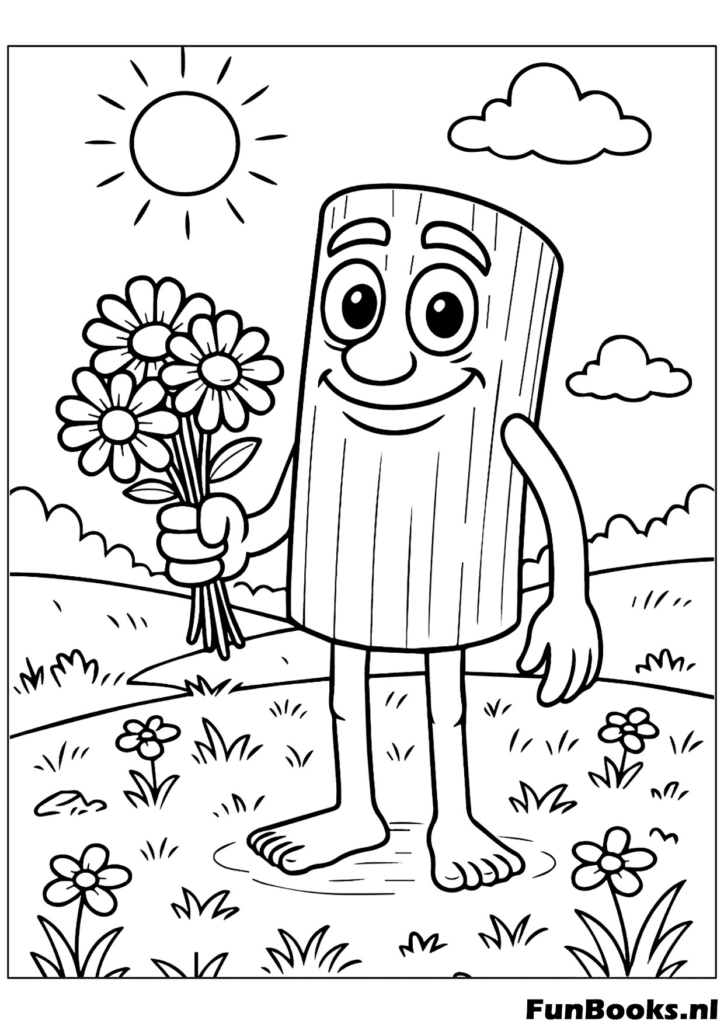 Personaje Tung Tung Sahur sosteniendo un ramo de flores sonriendo naturaleza dibujo para colorear