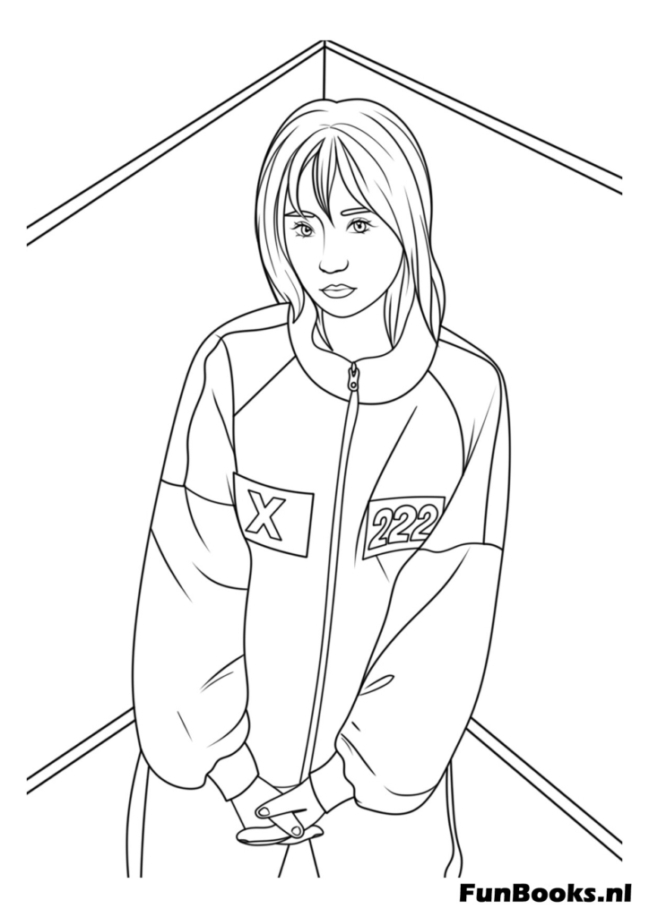 Dessin complet de la joueuse 067 debout avec ses mains dans ses poches ayant l'air cool Squid Game coloriage