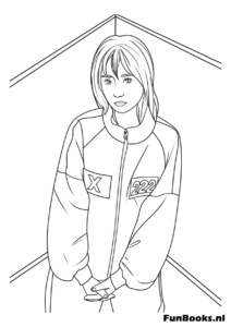 Full body drawing of player 067 standing with her hands in her pockets looking cool Squid Game coloring pages