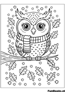 Mignon hibou portant une écharpe chaude assis sur une branche de chêne avec des glands automne coloriage