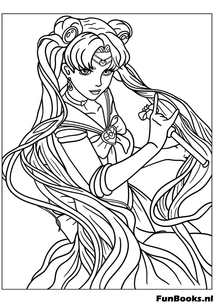 Sailor Jupiter mirando por encima del hombro mostrando su larga cola de caballo y fuerza dibujo para colorear