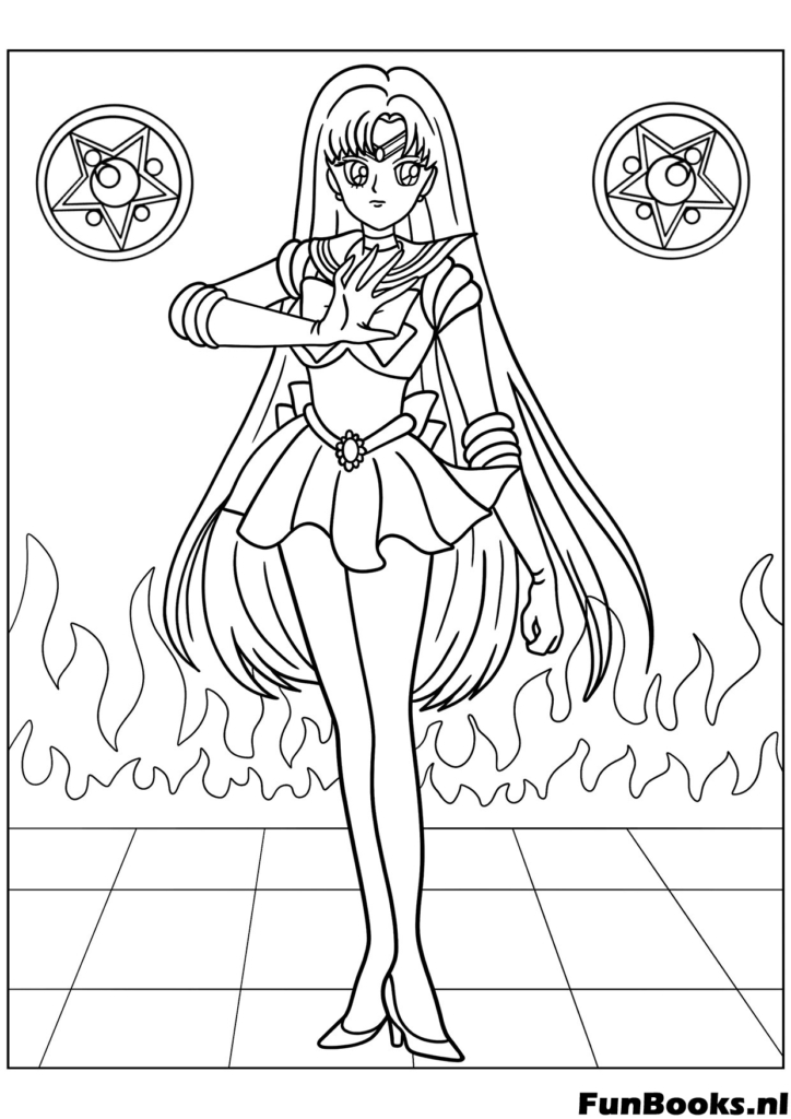 Sailor Mars debout avec fond de feu utilisant ses pouvoirs spirituels coloriage