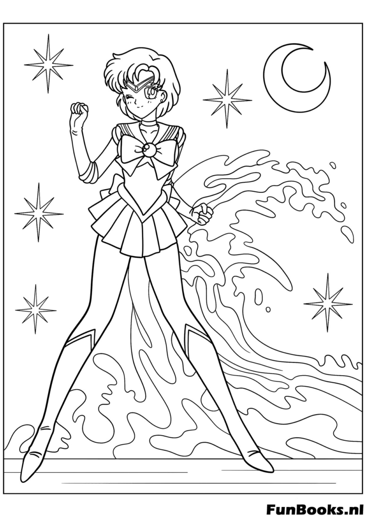 Sailor Mercury nutzt ihre Wasserkräfte steht inmitten von Wellen und Blasen Ausmalbild
