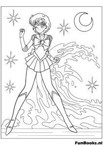Sailor Mercury using her water powers standing amidst waves and bubbles coloring page