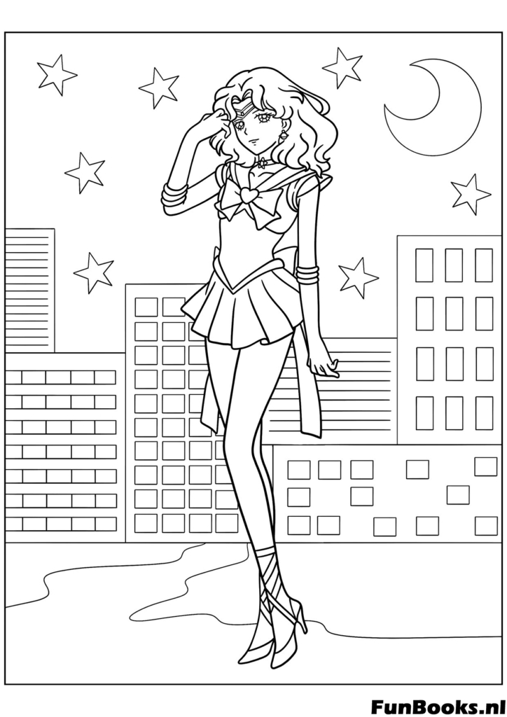 Sailor Moon leaning against a wall with city buildings background fashion pose coloring page