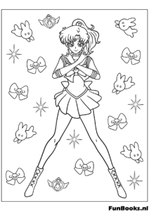 Ganzkörperzeichnung von Sailor Moon stehend mit Schleifen und langem Haar Ausmalbild