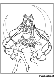 Sailor Moon zit elegant op een grote halve maan zwevend in de lucht kleurplaat