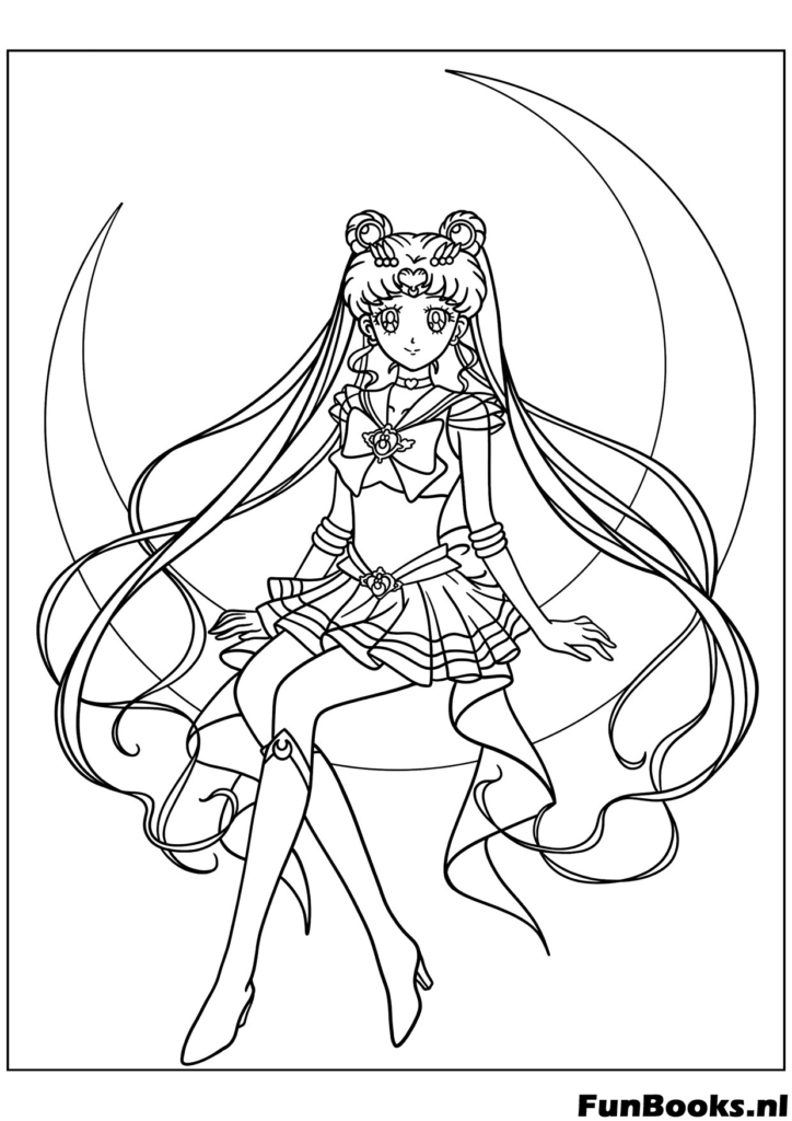 Sailor Moon zit elegant op een grote halve maan zwevend in de lucht kleurplaat