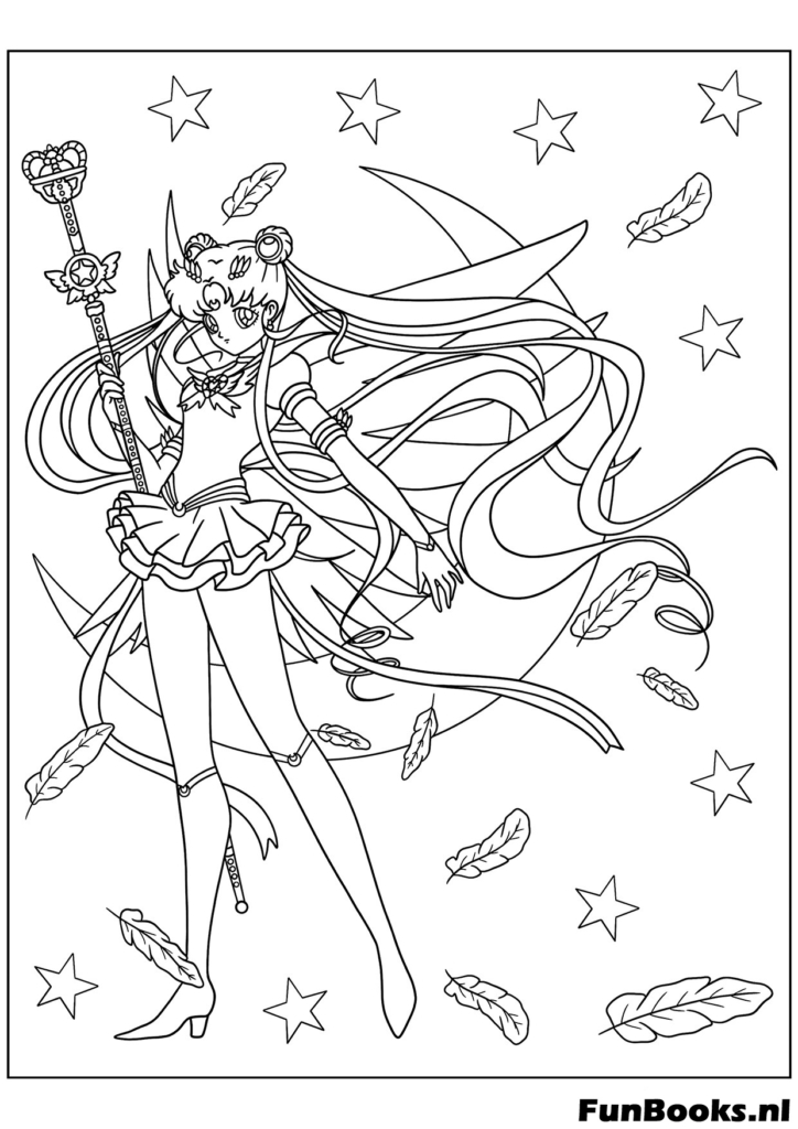 Belle Sailor Moon tenant sa baguette lunaire avec fond étoilé coloriage anime magical girl