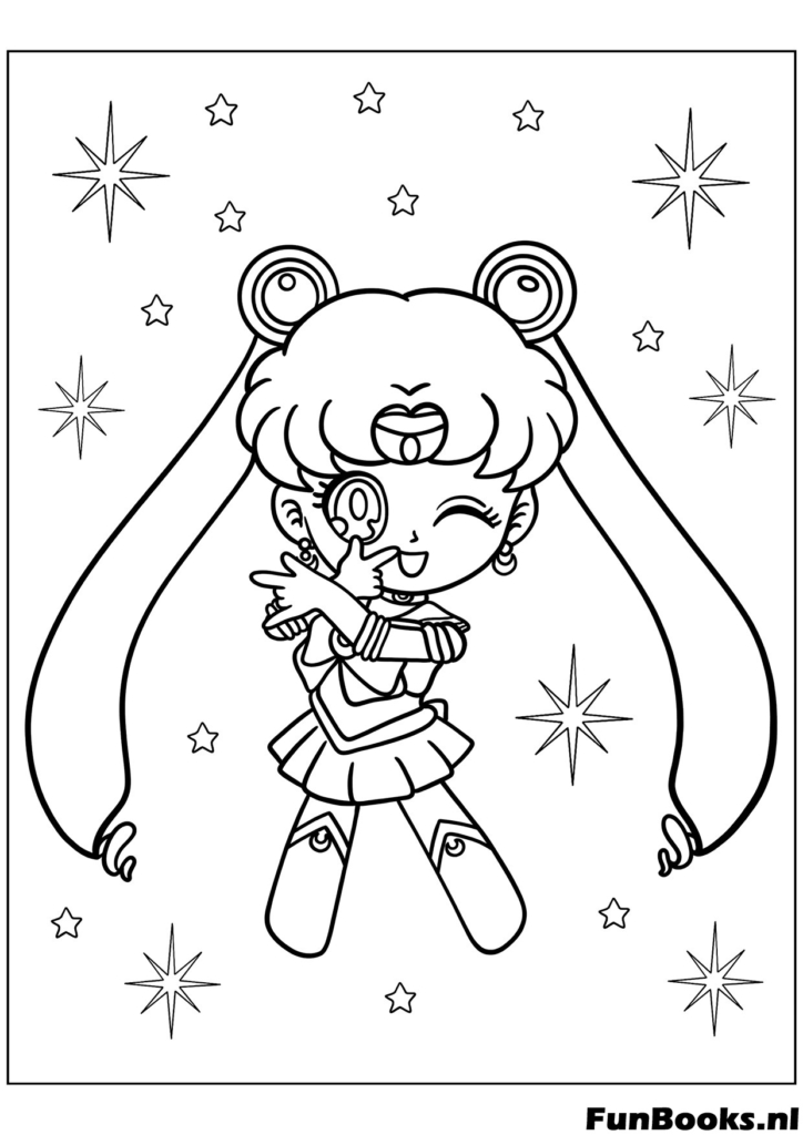 Sailor Moon faisant un signe de paix pose de victoire avec fond scintillant coloriage