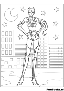 Sailor Pluto steht selbstbewusst mit einer Stadtkulisse im Hintergrund Magical Girl Ausmalbild