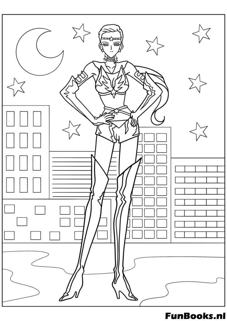 Sailor Pluto steht selbstbewusst mit einer Stadtkulisse im Hintergrund Magical Girl Ausmalbild