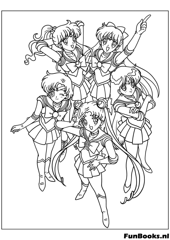 Las Sailor Scouts interiores saltando juntas en el aire pose de equipo de acción dibujo para colorear