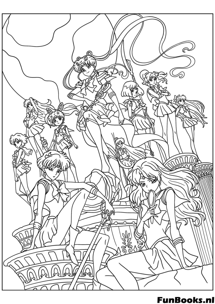 Grupo completo de guerreras Sailor Senshi de pie juntas listas para la batalla dibujo para colorear anime detallado