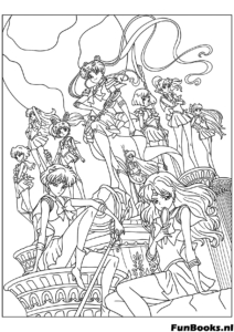 Complete groep Sailor Senshi krijgers staat samen klaar voor de strijd gedetailleerde anime kleurplaat