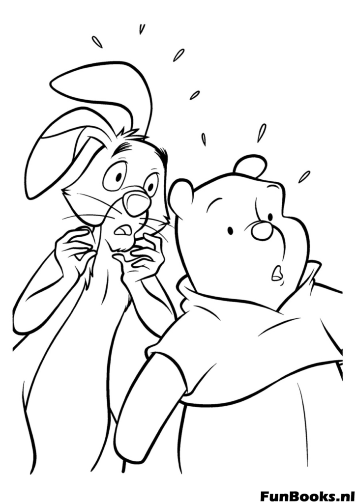 Rabbit looking shocked and scared standing next to a confused Winnie the Pooh funny expression coloring page