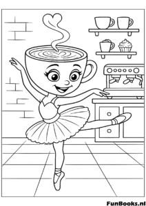 Mignonne Ballerine Cappuccino dansant dans une cuisine avec étagères et cuisinière coloriage maison